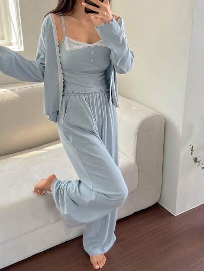 بيجامه كارديجان بدانتيل و توب وسروال